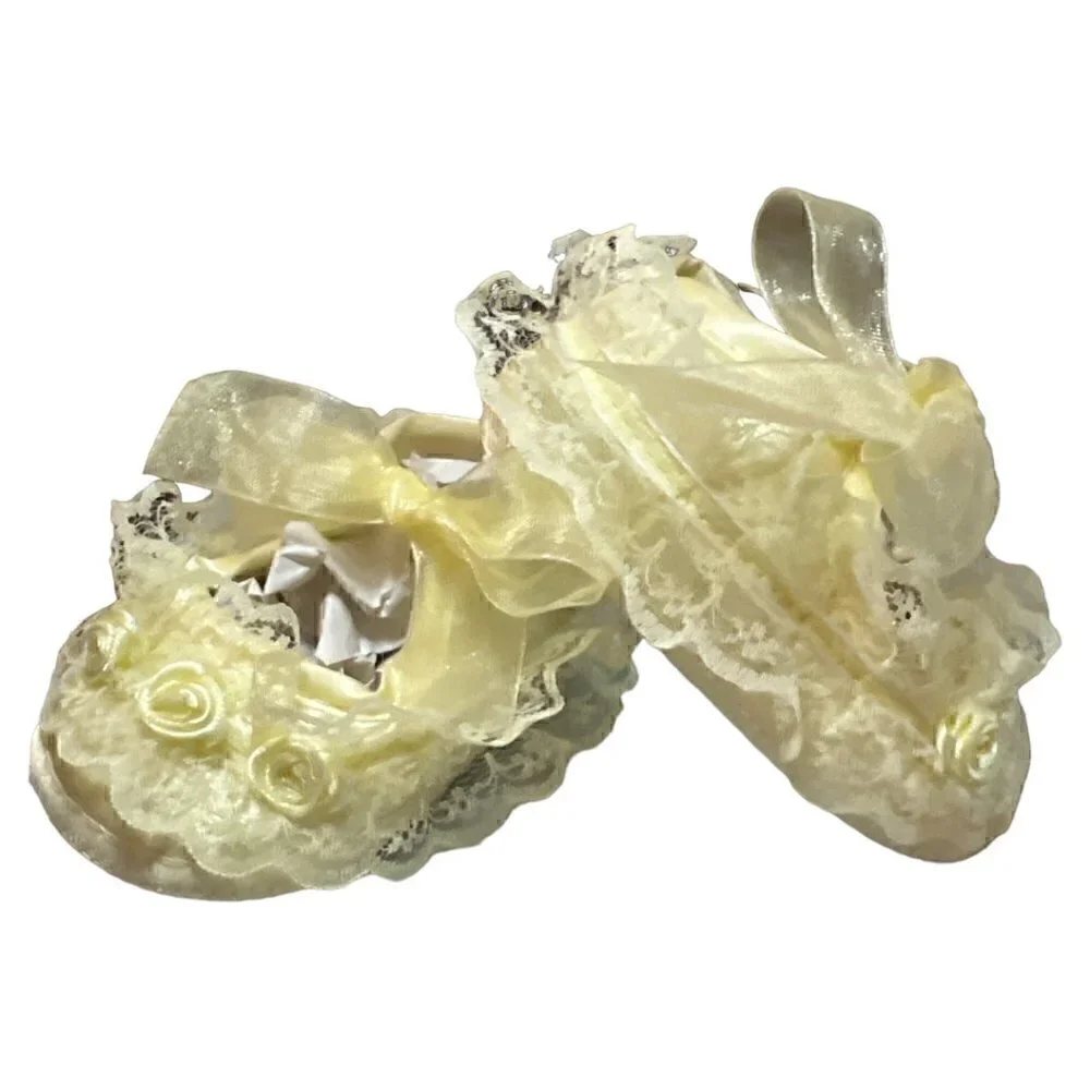 2 Pr Pink & Yellow Lace Satin Soft Baby Crib Christening Baptism Easter Shoes